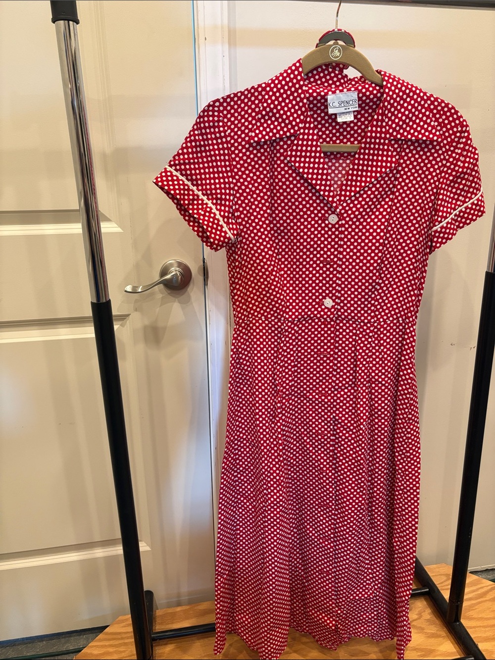 1980s K.C. Spencer New York Red and White Polka Dot Button up Dress with Belt